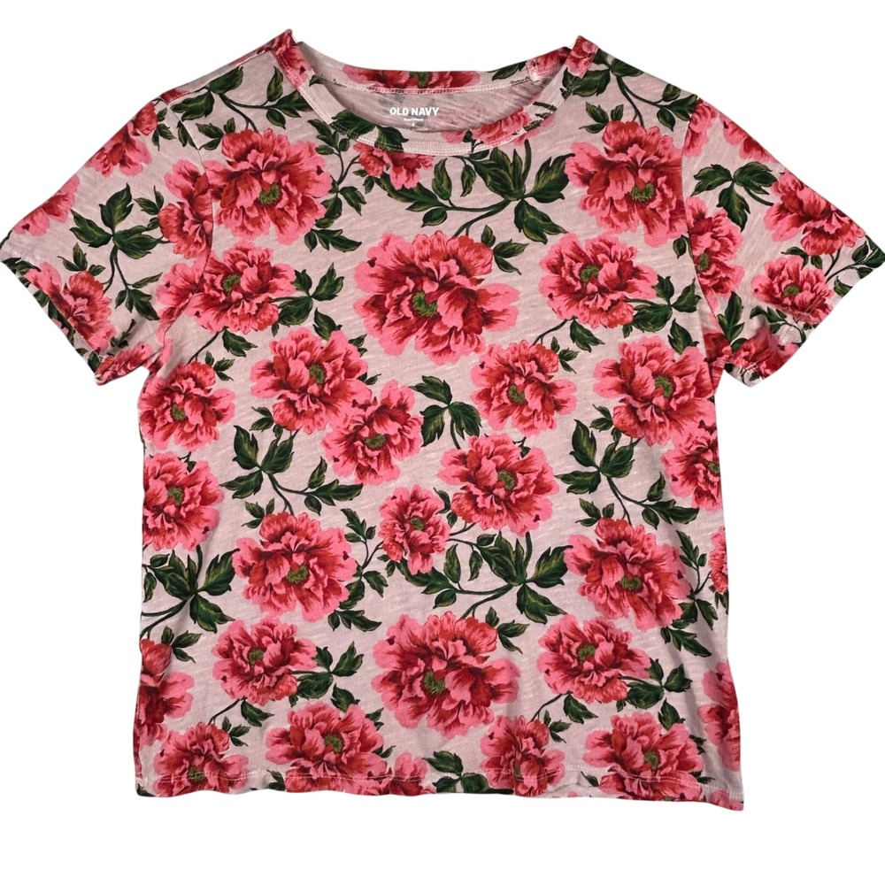 Old Navy Everywear Pink Peony Floral Slub Cotton Short Sleeve T-Shirt Womens S